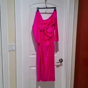 Hot Pink Off the Shoulder Midi Bodycon Dress